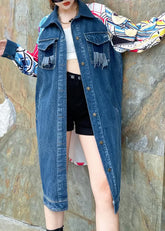 Boutique Blue Peter Pan Collar Pockets Print Patchwork Long Denim Coat